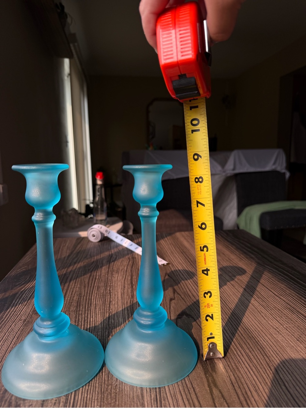 Frosted Teal Glass Candlestick Pair — Elegant Accent Holders